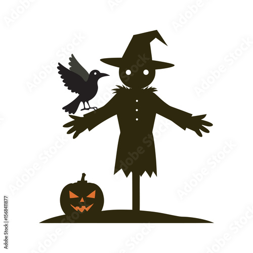 Scarecrow With Pumpkin Head And Crow Silhouette