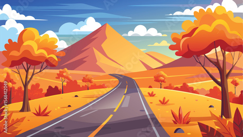 Autumn Road Landscape Vector Illustration with Orange Trees, Mountain, and Blue Cloudy Sky