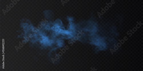 Vector special effect of blue steam, smoke, fog, clouds. Abstract gas on dark background, steam engine, vapor or explosive dust, dry ice effect, condensate, smoke. Vector 10 EPS