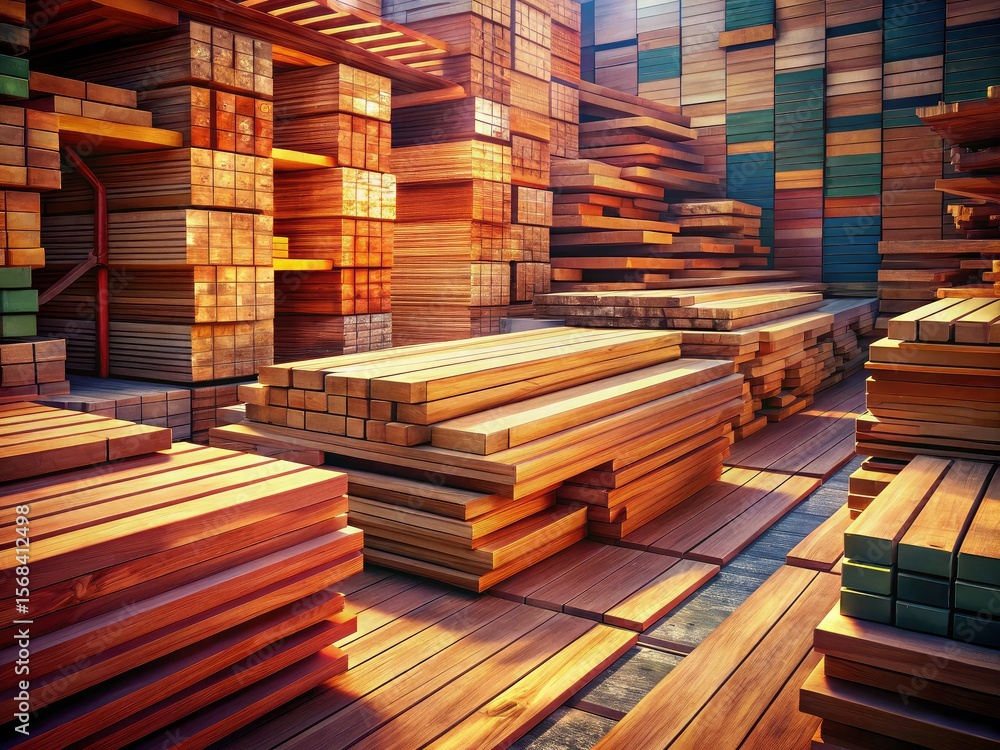 Obraz premium Stacked Lumber, Woodworking Industry, Timber Construction, Wood Harvesting Shop, Portrait Photography