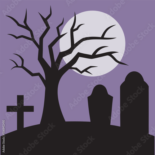 Graveyard With Tombstones And Dead Tree Silhouette