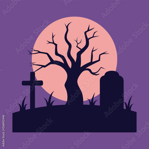 Graveyard With Tombstones And Dead Tree Silhouette Illustration