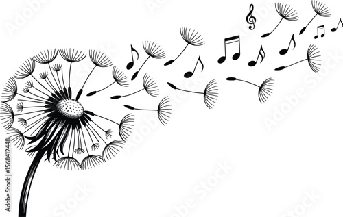 Musical Dandelion Art, Notes Blowing in the Wind Vector Design.

