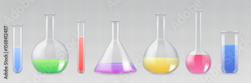 Set of  laboratory flasks or chemistry measuring glass tubes with color reagents isolated on transparent background. Vector illustration
