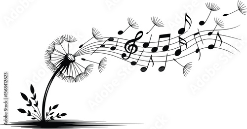 Musical Dandelion Art, Notes Blowing in the Wind Vector Design.

