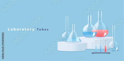 Set of  laboratory flasks or chemistry measuring glass tubes with color reagents isolated on blue clear background. Vector illustration