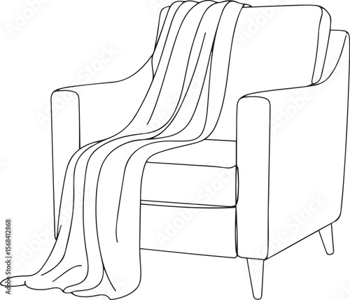 Cozy armchair with draped blanket, hand drawn illustration.