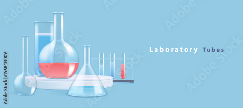 Set of  laboratory flasks or chemistry measuring glass tubes with color reagents isolated on blue clear background. Vector illustration