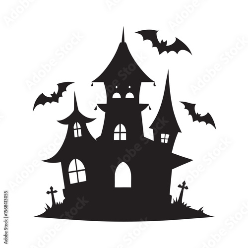Haunted House With Flying Bats Silhouette Illustration