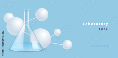 Laboratory flask or chemistry measuring glass tube with color reagent and white molecules isolated on blue background. Vector illustration