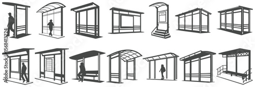 Bus Stop Shelter Silhouette Vector Set for Urban, Transport, and Architectural Design
