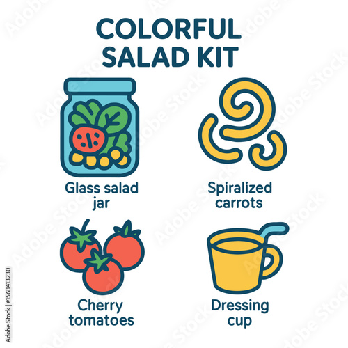 Colorful salad kit illustration depicting ingredients, including jar, carrots, tomatoes, and dressing.