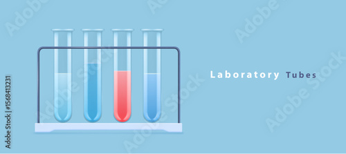 Set of  laboratory flasks or chemistry measuring glass tubes with color reagents isolated on blue background. Vector illustration