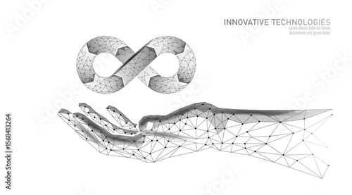 Infinity loop above hand concept. Low poly perpetual cycle digital innovation. Business technology science development progress. White background polygonal vector