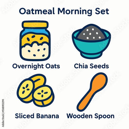 Illustration of an oatmeal morning set featuring overnight oats, chia seeds, sliced banana, and a wooden spoon.