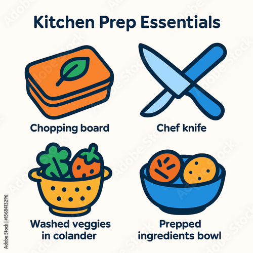 Illustration showing kitchen prep essentials: chopping board, chef knife, washed veggies in colander, and ingredients bowl.