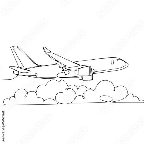 Airplane flying above clouds in minimalist sketch style  