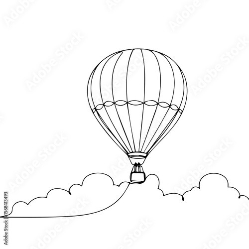 Hot air balloon flying above clouds in simple line art style  
