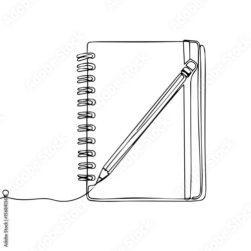 Simple line drawing of a spiral notebook with pencil on page  