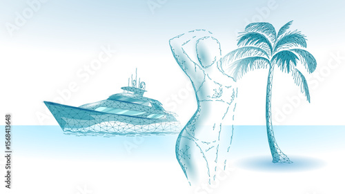 Polygonal luxury yacht woman palm tree illustration. Futuristic vacation escape leisure trip adventure art. Travel tourism relaxation destination lifestyle. Dark blue background blue low poly vector