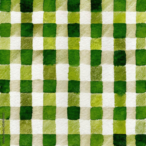 Seamless Pastel Green Check Pattern with Squares and Watercolor Texture