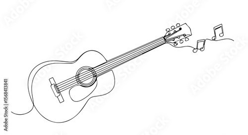 Sketch of acoustic guitar with musical notes in minimal style  