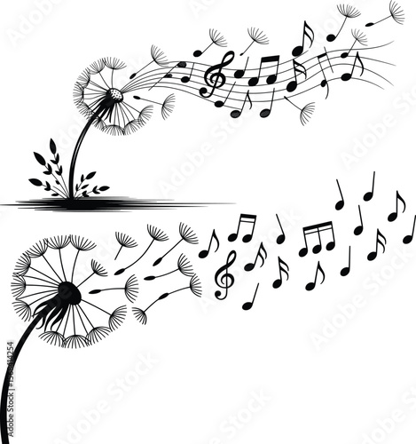 Dandelion Music Notes Vector, Wind-Blown Melody Art Illustration.


