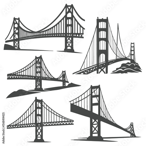 Vector Set of Suspension Bridge Silhouette Icons for Architecture Design
