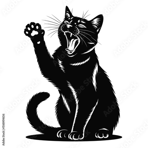 Black and white silhouette vector of a cat yawning widely with paw raised in expressive and dynamic pose
