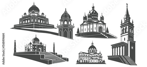 Vector Set of Famous Landmark Building Silhouette Icons for Travel Design
