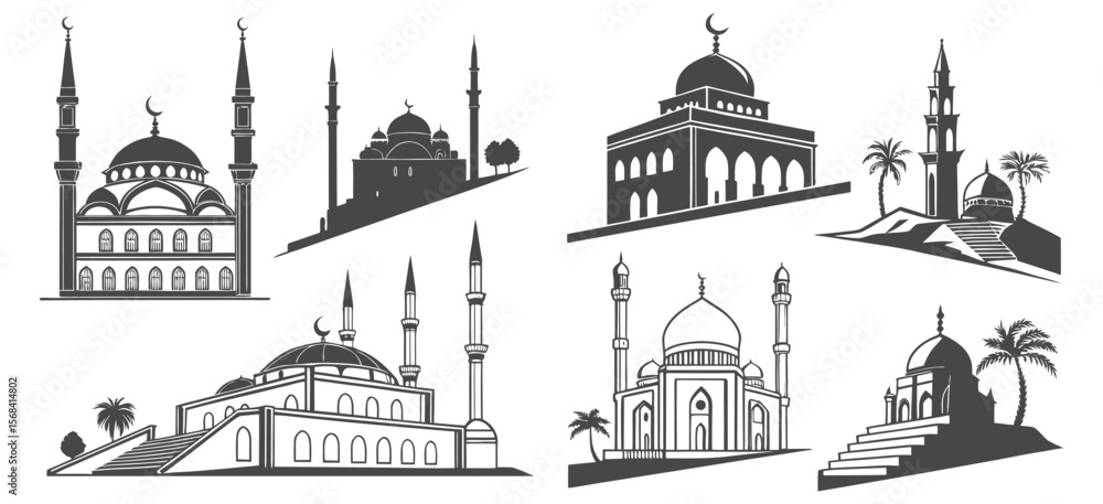 Fototapeta premium Vector Set of Mosque Silhouette Icons for Islamic and Religious Design 