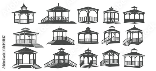 Vector Set of Gazebo Silhouette Icons for Garden and Outdoor Design
