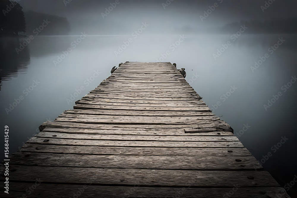 Obraz premium Old wooden dock extending into a foggy lake.