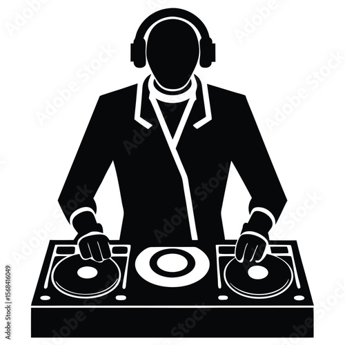 Black silhouette dj with headphones playing turntables music