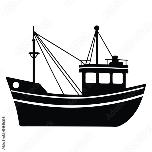 Black silhouette of a fishing trawler with masts and rigging boat vessel