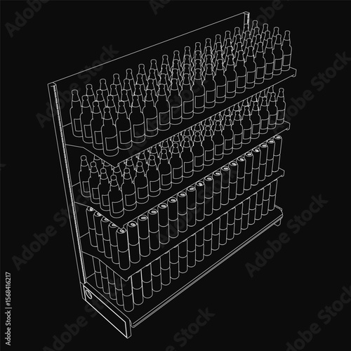 Black and white drawing of neatly arranged beer bottles on a wooden shelf. The bottles are organized in rows, showcasing a well-stocked store. Detailed shading highlights the glass texture and labels.