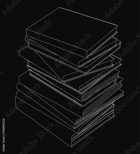 A neat stack of books arranged with slight overlaps against a stark black background. The white covers contrast sharply with the dark setting, creating a clean and minimalist composition.