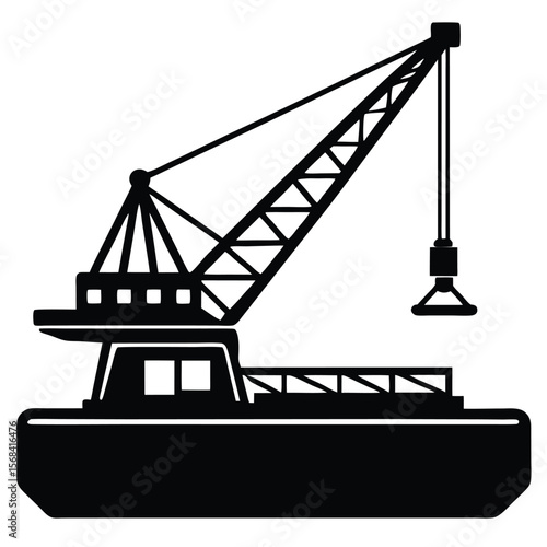 Black silhouette of a large industrial crane on a barge maritime construction