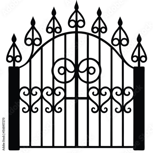 Ornate black wrought iron gate with decorative scrollwork and finials black silhouette ornate design