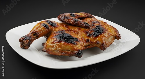 Delicious Grilled BBQ Half Chicken on White Plate with Dark Background