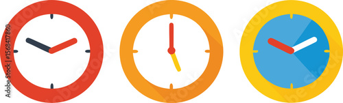 Three colorful flat design clocks showing different times on white background