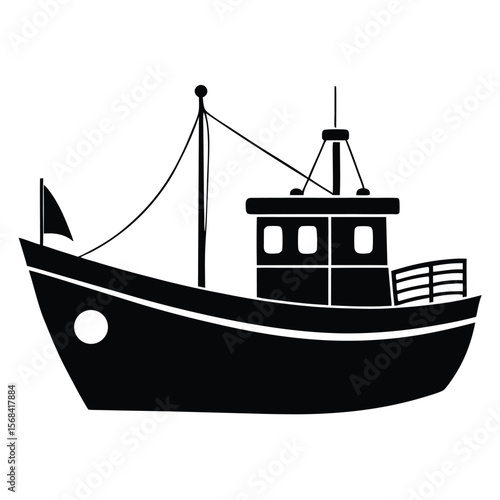 Stylized black silhouette illustration of a fishing vessel with a mast and rigging fishing boat