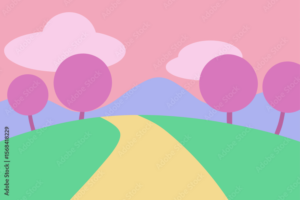 Fototapeta premium bright flat style field scene with footpath and h