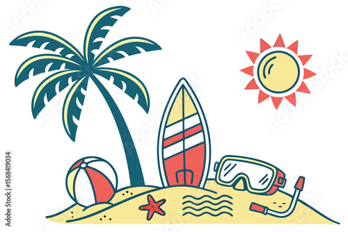 summer, vacation, beach, travel, sun, tropical, island, swimming, surfing, snorkeling, adventure, holiday, relaxation, leisure, fun, colorful, vibrant, icon, illustration, minimalist, flat design