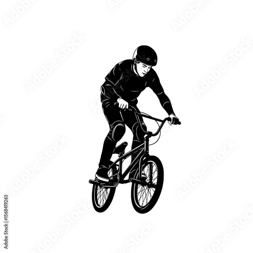 Dynamic silhouette of a bmx rider performing a trick on a bicycle with protective gear isolated on transparent background