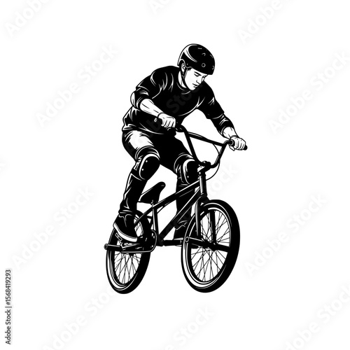 Dynamic silhouette of a bmx rider performing a trick on a bicycle with protective gear isolated on transparent background