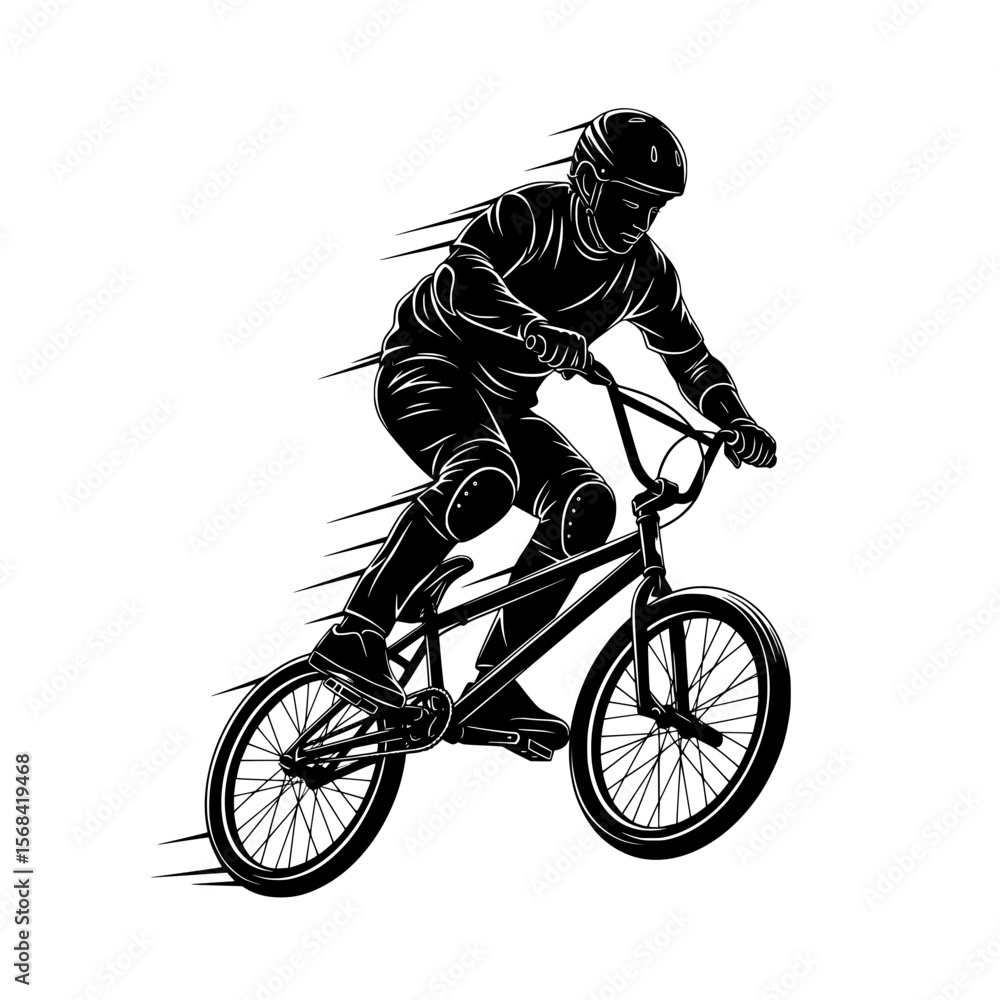 Naklejka premium Dynamic silhouette of a bmx rider performing a trick on a bicycle with protective gear isolated on transparent background