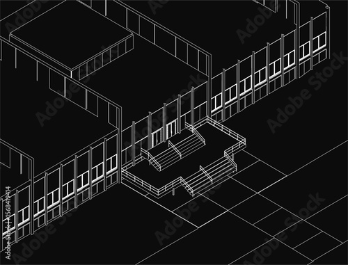Black and white architectural drawing of a house entrance featuring a detailed staircase. The design includes clean lines, precise measurements, and a functional layout.
