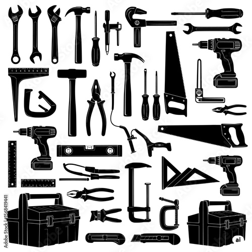 Collection of various black silhouette hand and power tools including wrenches screwdrivers hammers saws drills pliers clamps a level a utility knife rulers and toolboxes isolated on transparent backg