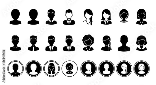 Diverse collection of black and white silhouette user profile icons representing men and women in business attire and casual styles isolated on transparent background silhouette